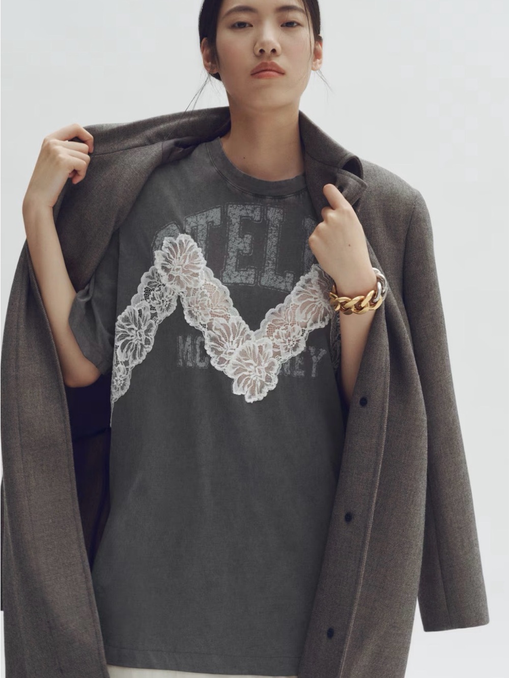 Stella McCartney Gray Lace-Appliqué Short Sleeve Tee Dress - Picture 2 of 3